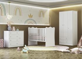 Quarto Infantil Lua Encantada Guarda Roupa, Berço e Cômoda Sapateira Branco