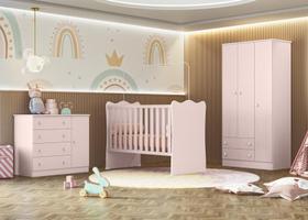 Quarto Infantil Lua Encantada Guarda Roupa, Berço e Cômoda Sapateira Rosa