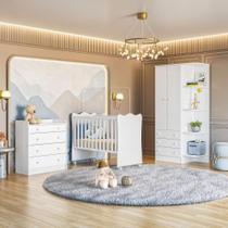 Quarto Infantil Lua Encantada Guarda Roupa, Berço e Cômoda Trocador Branco