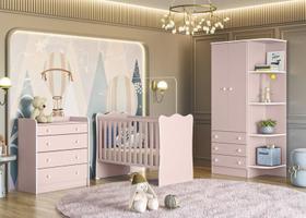 Quarto Infantil Lua Encantada Guarda Roupa , Berço e Cômoda Trocador Rosa