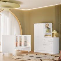Quarto Infantil Lua Encantada Guarda Roupa, Cômoda e Berço Reto Branco