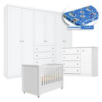 Quarto Infantil Mississipi 6 Portas com Berço Tutto New Branco Fosco e Colchão Ortobom - Henn Quarto Infantil Mississipi 6 Portas com Berço Tutto New Branco Fosco e Colchão Ortobom - Henn