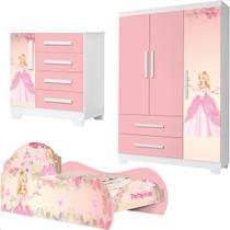 Quarto Infantil Princesa Com Cama, Cômoda, Guarda Roupa Rosa