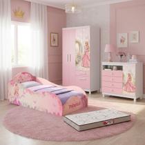 Quarto Infantil Princesa Completo Rosa e Branco Cama Solteiro, GuardaRoupas, Colchão e Cômoda Princesa