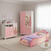 Quarto Infantil Princesa Completo Rosa e Branco Cama Solteiro, GuardaRoupas e Cômoda Princesa