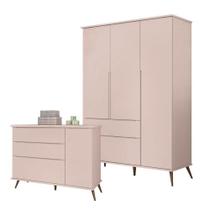 Quarto Infantil Retro com Guarda Roupa 4 Portas e Cômoda 1 porta 3 gavetas