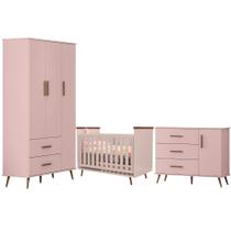 Quarto Infantil Retrô Completo - Roupeiro, Cômoda e Berço com Colchão Rosê