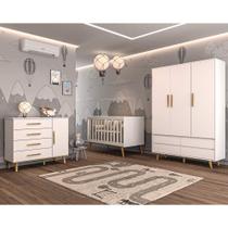 Quarto Infantil Retrô Guarda Roupa 3 Portas Lorena Cômoda Infantil com Porta Berço 3 em 1 Ludmila Branco Carolina Baby