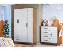 Quarto Infantil Retrô Noah - Roupeiro 4 Portas + Cômoda com Porta - Branco/Nature - Peternella