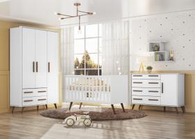 Quarto Infantil Retro Qencanto Guarda Roupa 3 Portas Comoda 1 Porta e Berço Mini Cama Branco - Qmovi