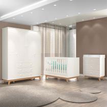 Quarto Infantil Triplo 100 MDF com Berço 2 em 1 Noah Guarda Roupas Lorenzo e Cômoda Pietro