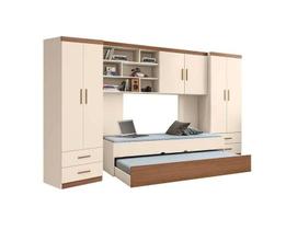 Quarto juvenil Chiara 5 Peças - 2 Roupeiro 2 portas, Módulo Aéreo e Cama com Auxiliar - Off White Amadeirado - Phoenix B