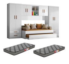 Quarto Juvenil Modulado composto de Guarda Roupa com Bicama, Armario Aéreo Onix com Colchões