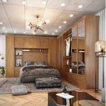 Quarto Modulado Casal Completo 100% MDF 6 Peças 6 Portas 5 Gavetas com Maleiro e Espelhos Smart Plus