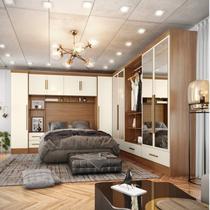 Quarto Modulado Casal Completo 100% MDF 6 Peças 6 Portas 5 Gavetas com Maleiro e Espelhos Smart Plus