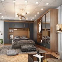Quarto Modulado Casal Completo 100% MDF 6 Peças 6 Portas 5 Gavetas com Maleiro e Espelhos Smart Plus