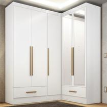 Quarto Modulado de Canto 100% MDF 3 Peças 5 Portas 2 Gavetas com Espelhos Smart Plus Espresso Móveis Branco