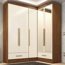 Quarto Modulado de Canto 100% MDF 3 Peças 5 Portas 2 Gavetas com Espelhos Smart Plus Espresso Móveis Off White/Cinamomo