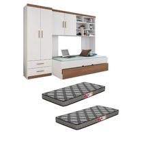 Quarto Modulado Juvenil Completo com Guarda Roupa, Cama de Solteiro e Cama Auxiliar e os Colchões