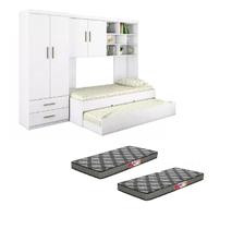 Quarto Modulado Juvenil Completo com Guarda Roupa, Cama de Solteiro e Cama Auxiliar e os Colchões