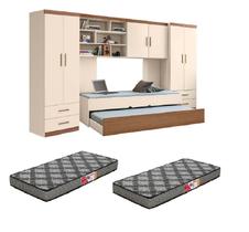 Quarto Modulado Juvenil Completo com Guarda Roupa, Cama de Solteiro e Colchões cama Auxiliar