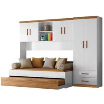 Quarto Modulado New Chiara Guarda Roupa 2 Portas, Modulo Aereo e Cama com Auxiliar Branco/Carvalho - Peternella