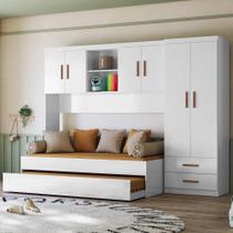 Quarto Modulado Onix Guarda Roupa, Modulo Aereo e Cama com Auxiliar Branco/Amadeirado - Peternella