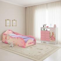 Quarto Princesa Luxo Rosa Cama Solteiro Temática e Cômoda Funcional