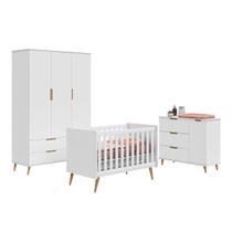 Quarto Retrô Infantil Completo Melinda Branco Guarda-Roupa, Cômoda com Porta e Berço Ana 3 em 1 Mobili