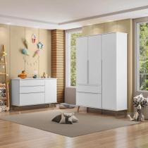 Quarto Retro Melinda Guarda Roupa 3 Portas e 2 Gavetas e Comoda 1 Porta e 3 Gavetas Branco - Mobili