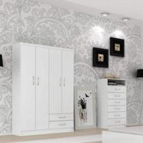Quarto Solteiro com Guarda Roupa 4 Portas e Cômoda 6 Gavetas Branco Quarto Solteiro com Guarda Roupa 4 Portas e Cômoda 6 Gavetas Branco