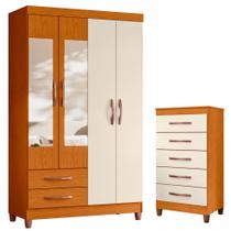 Quarto Solteiro Completo Guarda Roupa Âmbar 4 portas com Espelho Cômoda Esmeralda