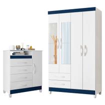 Quarto Solteiro Completo Guarda Roupa Âmbar 4 portas com Espelho Cômoda Turquesa - Albatroz