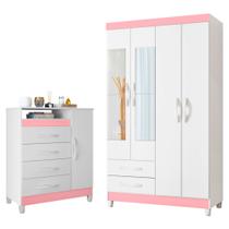 Quarto Solteiro Completo Guarda Roupa Âmbar 4 portas com Espelho Cômoda Turquesa