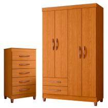 Quarto Solteiro Completo Guarda Roupa Âmbar 4 portas Cômoda Esmeralda Cinamomo