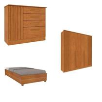 Quarto Solteiro Guarda-roupa Ripado Nova York, Cama Solteiro Mônaco, Cômoda 4 Gavetas Nova York