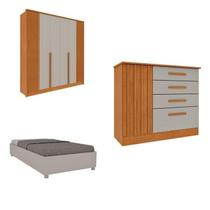 Quarto Solteiro Guarda-roupa Ripado Nova York, Cama Solteiro Mônaco, Cômoda 4 Gavetas Nova York