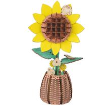 Quebra-cabeça 3D de flores de madeira DIY Girassol com vaso para adultos