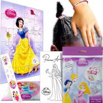 Quebra Cabeça Branca de Neve + Elástico de Cabelo + Posters + Adesivo Princesas Disney