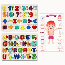 Quebra Cabeça de Madeira e Letras Números e Formas Colorido Brinquedo Educativo Aprender Inglês