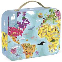 Quebra cabeca dupla face mapa mundi redondo 208 pecas janod