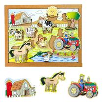 Quebra cabeça Infantil com Pinos Fazenda 10 peças Brinquedos Educativos de Madeira Carlu Criança 3 anos
