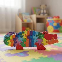Quebra cabeça Madeira Infantil Educativo Montessori Animais 26 Peças Numeradas Brinquedo Didático