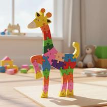 Quebra cabeça Madeira Infantil Educativo Montessori Animais 26 Peças Numeradas Brinquedo Didático