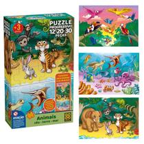 Quebra Cabeça Puzzle 3 em 1 Animais Terra, Céu e Mar 12-20-30 Peças - Grow
