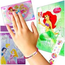 Quebra Cabeça Sereia Ariel + Elástico de Cabelo + Posters + Adesivo Princesas Disney