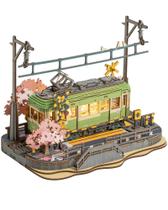 Quebra-cabeças 3D ROBOTIME Sakura Journey Tram com luz LED de madeira