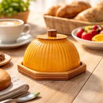 Queijeira Cloche Pequena Octagonal Madeira Cerâmica Canelada