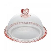 Queijeira com Tampa em Cristal Coração Borda Rosa 19,5x13cm Lyor