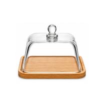 Queijeira de Vidro Quadrada Monaco com Base em Bambu 18,5cm